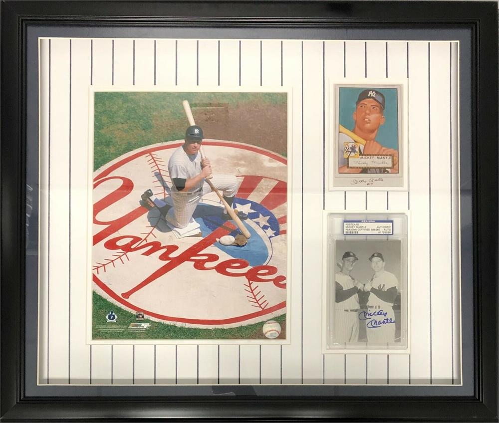 Mickey Mantle photo w/ 2 signed card 12x18 shadow box frame