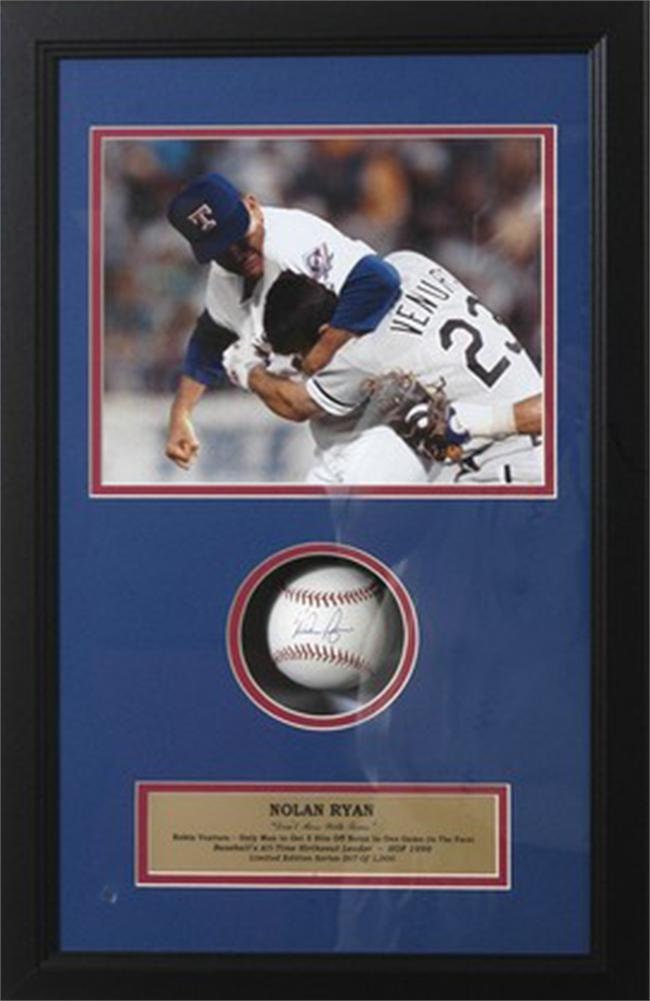 AUTOGRAPHED SHADOW BOX W/Baseball - Nolan Ryan Texas Rangers Fight