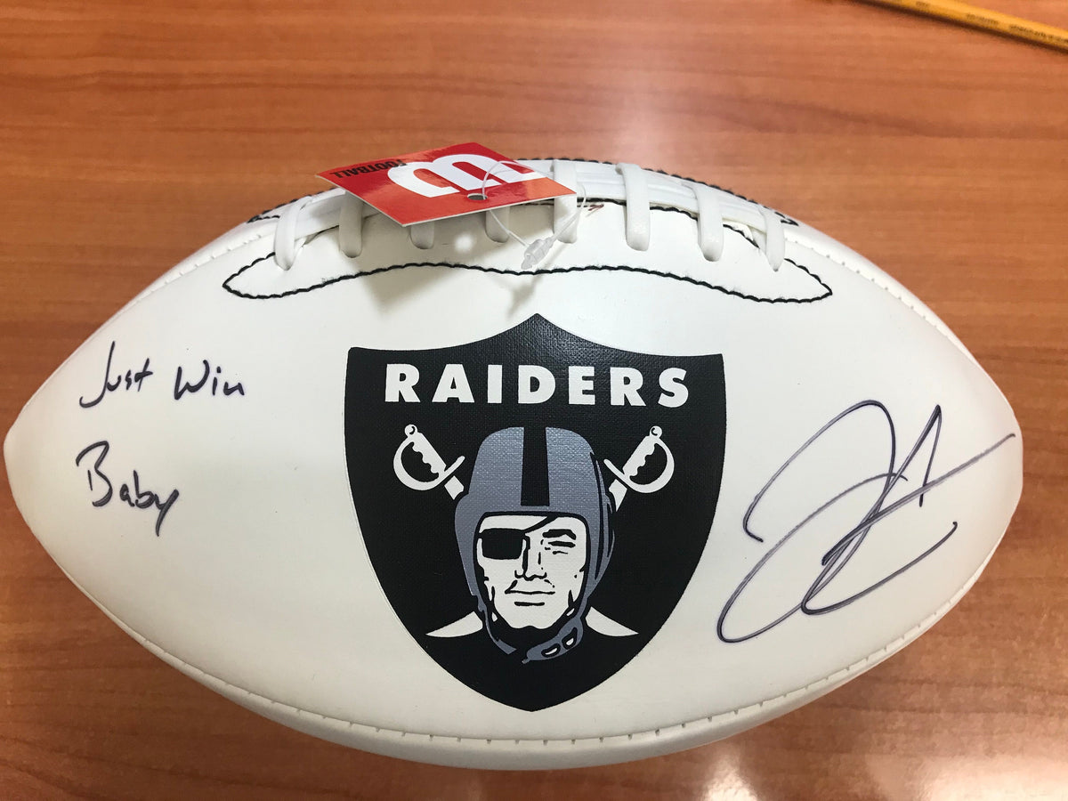 Derek Carr Signed Football - All White Raiders Logo with "Just Win Baby!" Inscription