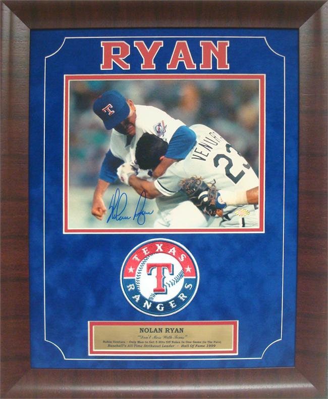 14x18 Autographed Frame - Nolan Ryan Texas Rangers 'Fight' Patch