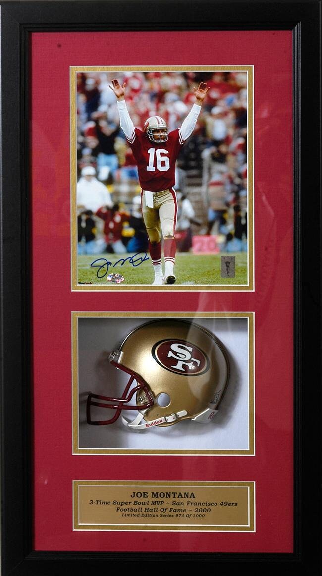 AUTOGRAPHED SHADOW BOX W/Mini Helmet- Joe Montana San Francisco 49ers