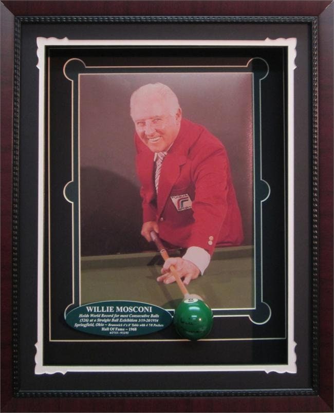 Autographed Shadow Box W/Pool Ball - Willie Mosconi