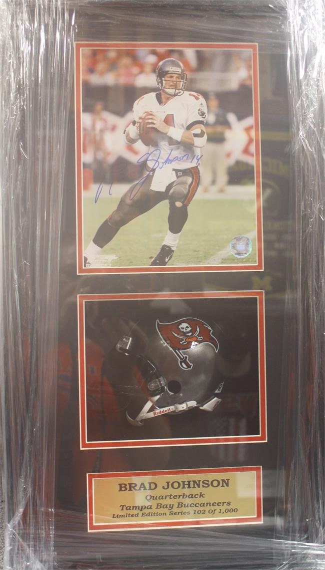 Autographed Shadowbox W/ Mini Helmet - Brad Johnson Tampa Bay Buccaneers